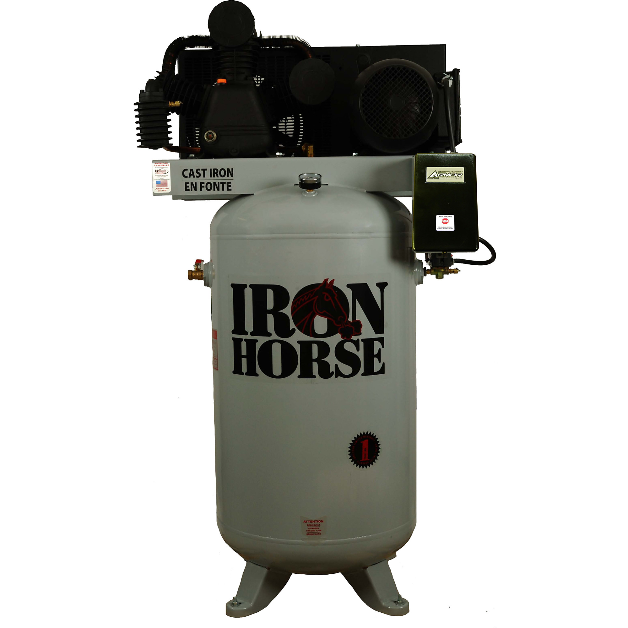 Iron Horse, 2 Stage Stationary Air Compressor With Mag Starter, Horsepower 7.5 HP, Air Tank Size 80 Gal, Model# IHD7180V2-MS